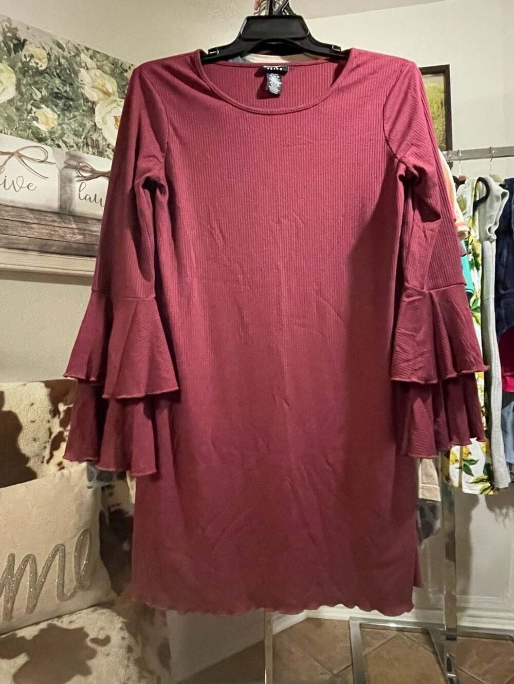 Wrangler Retro Women's Burgundy Ribbed Bell Sleeve Mini Shift Dress